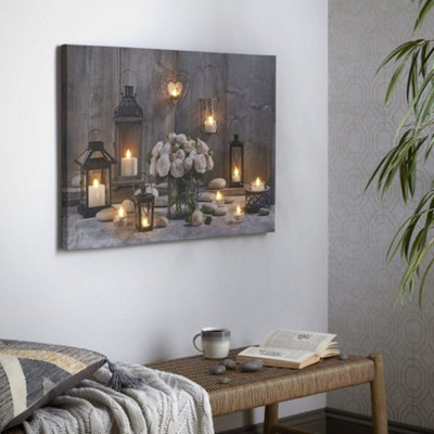 Cosy Cottage LED Printed Canvas Candle and Flowers Wall Art