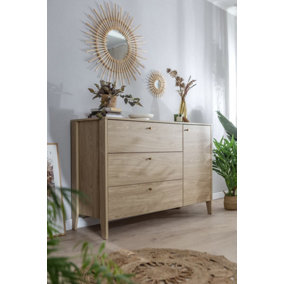 COSY Sideboard in Chic Oiled Oak Finish (H910mm x W1360mm x D450mm) with Three Drawers and a Cabinet- Stylish Bedroom Furniture