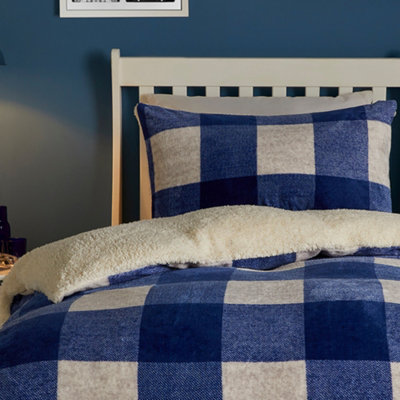 Cosy Theo Check Blue Plush & Sherpa Reverse Duvet Cover Set