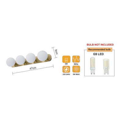 COSYLYTE Bowen Bathroom 4 Light Classic Opal Glass Ceiling Flush Light - Brass