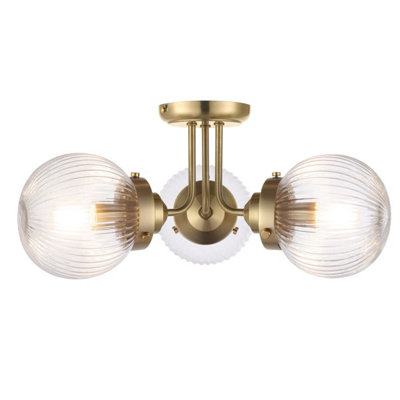 COSYLYTE Finley Bathroom 3-Light Ribbed Glass Ceiling Light - Brass 21.5cm