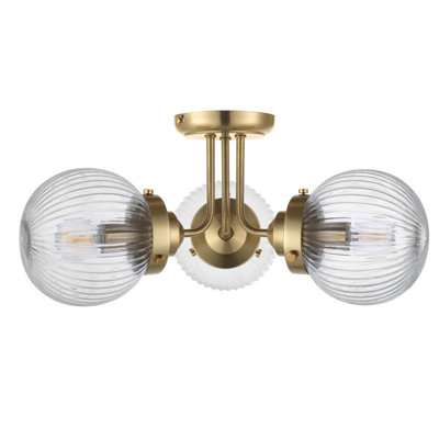 COSYLYTE Finley Bathroom 3-Light Ribbed Glass Ceiling Light - Brass 21.5cm