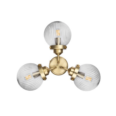 COSYLYTE Finley Bathroom 3-Light Ribbed Glass Ceiling Light - Brass 21.5cm