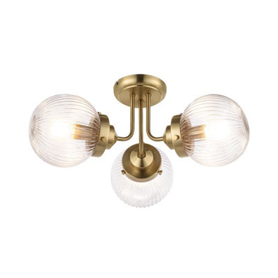 COSYLYTE Finley Bathroom 3-Light Ribbed Glass Ceiling Light - Brass 21.5cm