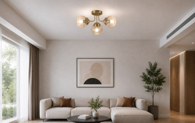 COSYLYTE Finley Bathroom 3-Light Ribbed Glass Ceiling Light - Brass 21.5cm