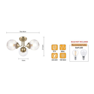 COSYLYTE Finley Bathroom 3-Light Ribbed Glass Ceiling Light - Brass 21.5cm
