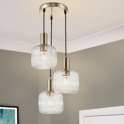 COSYLYTE Maple 3 Light Modern Ribbed Glass Cluster Pendant Light - Brushed Brass