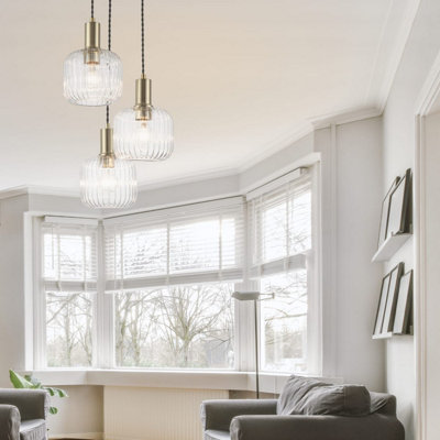COSYLYTE Maple 3 Light Modern Ribbed Glass Cluster Pendant Light - Brushed Brass