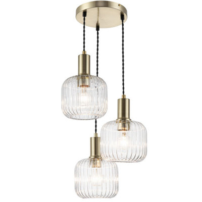COSYLYTE Maple 3 Light Modern Ribbed Glass Cluster Pendant Light - Brushed Brass