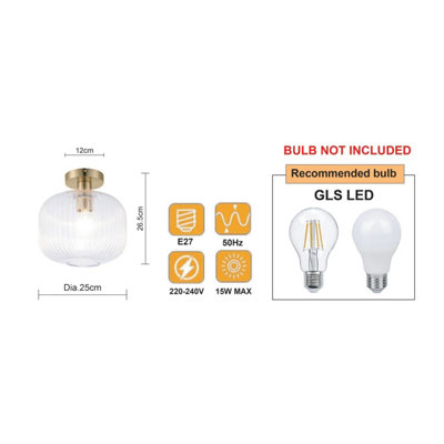 COSYLYTE Maple Modern Ribbed Glass Ceiling Light - Brass Base