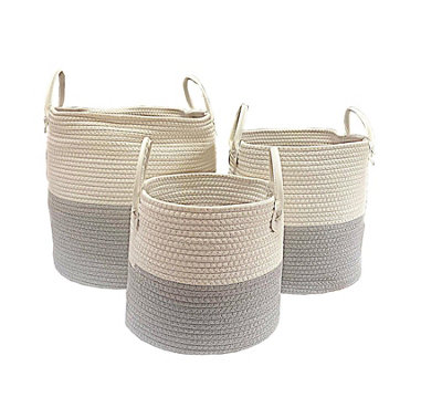 Cotton Rope Woven Storage Basket Collapsible Laundry Basket Nursery Organiser Light Grey Full Set S+M+L