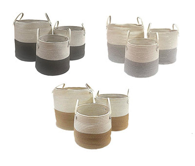 Cotton Rope Woven Storage Basket Collapsible Laundry Basket Nursery Organiser Light Grey Full Set S+M+L