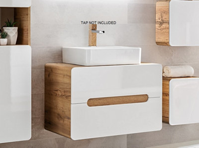 Countertop 800 Vanity Unit with Basin Wall Bathroom Cabinet with Drawers White Gloss Oak Arub