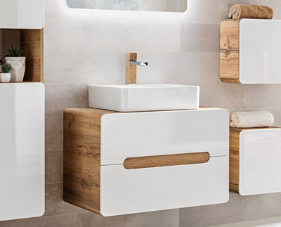 Countertop 800 Vanity Unit with Basin Wall Bathroom Cabinet with Drawers White Gloss Oak Arub