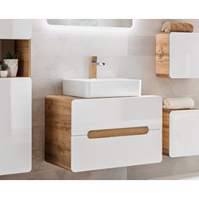 Countertop 800mm Vanity Unit with Basin Wall Bathroom Cabinet with Drawers White Gloss Oak Arub