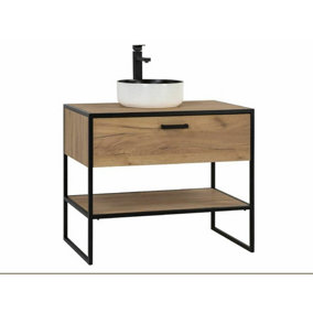 Countertop Bathroom Vanity Unit 900 Drawer Cabinet with Basin Industrial Black Steel Oak Loft Freestanding Brook