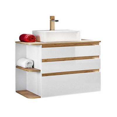 Countertop Vanity Sink Unit with Basin Wall Bathroom Drawer Cabinet 940mm White Gloss Oak Finish Plat