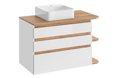 Countertop Vanity Sink Unit with Basin Wall Bathroom Drawer Cabinet 940mm White Gloss Oak Finish Plat