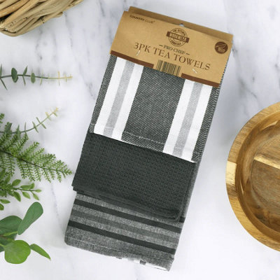 Country Club Eco Pro Chef 3 Pack Tea Towels Grey Stripe