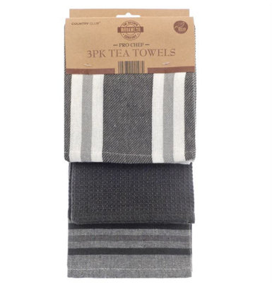 Country Club Eco Pro Chef 3 Pack Tea Towels Grey Stripe
