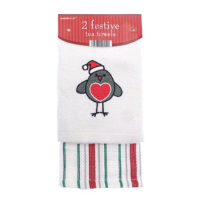 Country Club Robin Christmas Tea Towels Set of 2 Cotton 64cm x 30cm