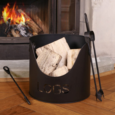 Country Fireside Log and Kindling Bucket with Matches Canister