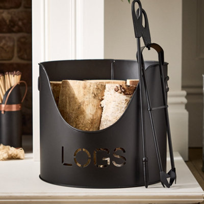 Country Fireside Log Storage and Kindling Bucket with Poker and Tongs