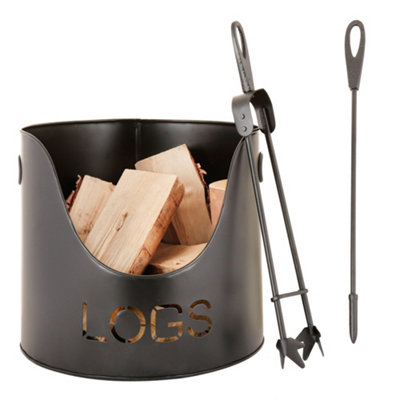 Country Fireside Log Storage and Kindling Bucket with Poker and Tongs