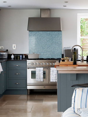 Country Living Acanthus Leaf Air Force Blue Glass Kitchen Self Adhesive Splashback 900mm x 750mm