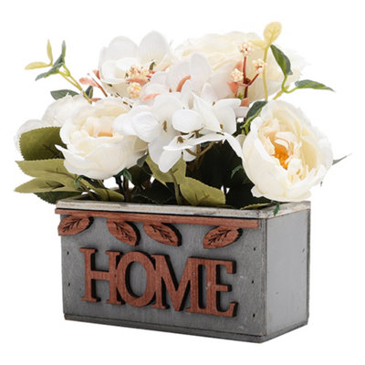 Country Style Artificial Fake Hydrangea Peony in Wooden Box Tabletop Centerpiece