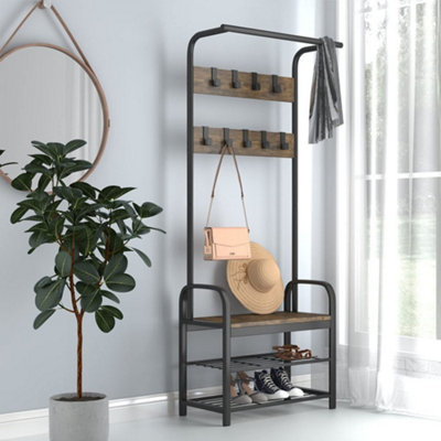 Country Style Floor-Standing Coat Rack with 9 Hooks and 3 Shelves