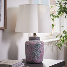 Courtfield Pink Floral Ceramic Room Décor Bedside Table Lamp Night Lamp, Table Lamp, Table Light with Scalloped Sha