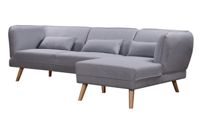 Cove 3 Seater Corner L Shape Sofa in Grey Fabric with Wooden Legs, Right Hand Chaise