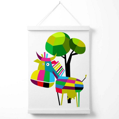 Cow Bright Geometric Animal Poster with Hanger / 33cm / White