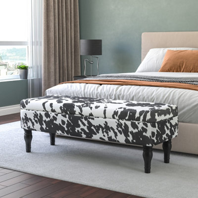 Cow Print Velvet Upholstered Storage Ottoman Bench Bed End Bench with Rubberwood Legs W 1100 x D 440 x H 460 mm