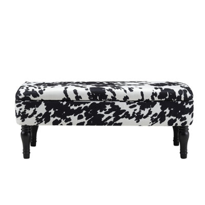 Cow Print Velvet Upholstered Storage Ottoman Bench Bed End Bench with Rubberwood Legs W 1100 x D 440 x H 460 mm