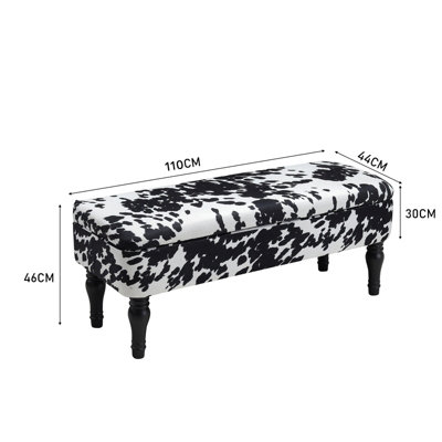 Cow Print Velvet Upholstered Storage Ottoman Bench Bed End Bench with Rubberwood Legs W 1100 x D 440 x H 460 mm