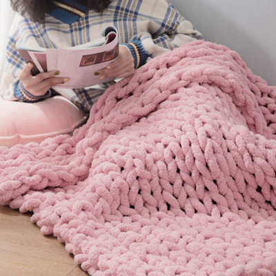 Cozy Comfortable Pink Soft Handwoven Knitted Chenille Blanket for