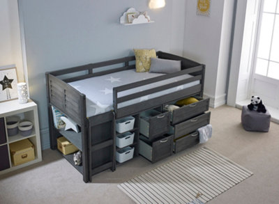 Cozy Grey Solid Wooden Mid Sleeper Storage Single Bed - Ladder on the Left