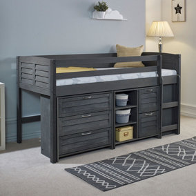 Cozy Grey Solid Wooden Mid Sleeper Storage Single Bed - Ladder on the Right