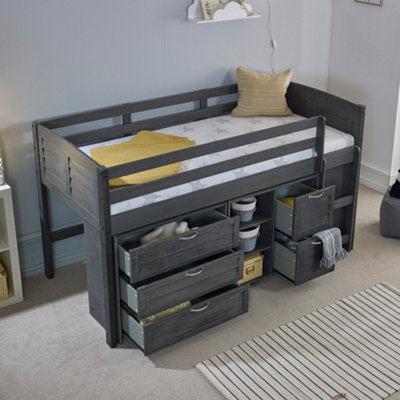 Cozy Grey Solid Wooden Mid Sleeper Storage Single Bed Ladder on the Right