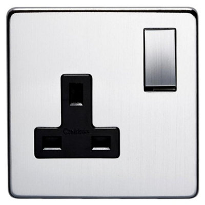 Crabtree 7314/SC Platinum Screwless Low Profile Switch Socket Outlet 13 Amp 1 Gang - Satin Chrome / Black Insert