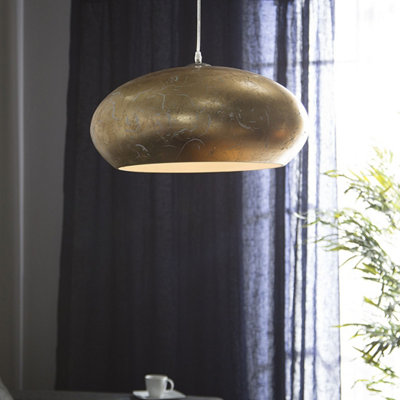Cracked Gold Foil Round Pendant Lamp - 48cm Diameter, Vintage Metallic Ceiling Light