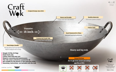 Craft Wok Big 16 Inch Heavy Canton Style Hand Hammered Carbon Steel Wok (Round Bottom) / 731W87
