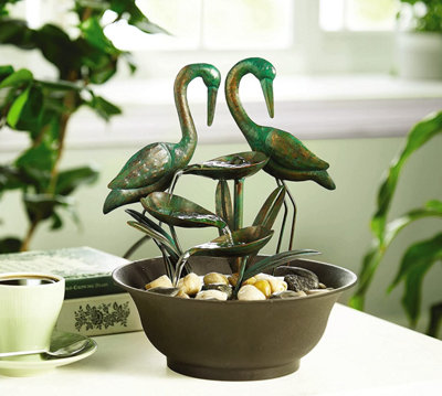 Crane Bird Design Indoor Fountain - Mains Powered Green Tabletop Cascading Water Feature - Measures H26 x 21cm Diameter