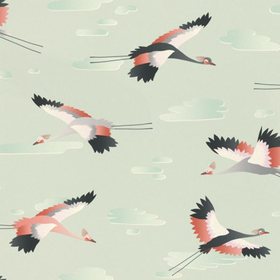 Cranes Wallpaper Green Rasch 818116