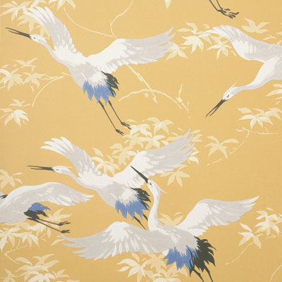 Cranes Wallpaper Mustard / Blue Fine Decor M1655