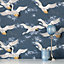 Cranes Wallpaper Navy / Mustard Fine Decor M1654