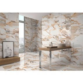 Crash Beige Rectified Glossy Decor Marble Effect 300mm x 900mm Ceramic Wall Tiles (Pack of 5 w/ Coverage of 1.35m2)