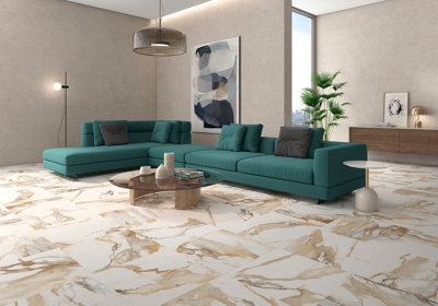 Crash Beige Rectified Satin Matt Marble Effect 600mm x 600mm Porcelain Wall & Floor Tiles (Pack of 4 w/ Coverage of 1.44m2)